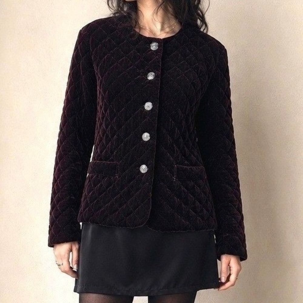 VTG Burgundy Black Quilted‎ Velvet Jacket M Whimsigoth Dark Romantic USA 80s